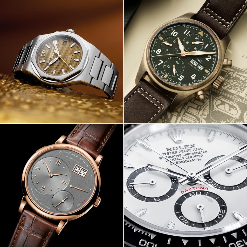 Uhrenikonen und bekannte Uhrenkollektionen. Girard-Perregauc Laureato, IWC Schaffhausen Pilot`s Watch, A. Lange & Söhne Lange 1, Rolex Daytona